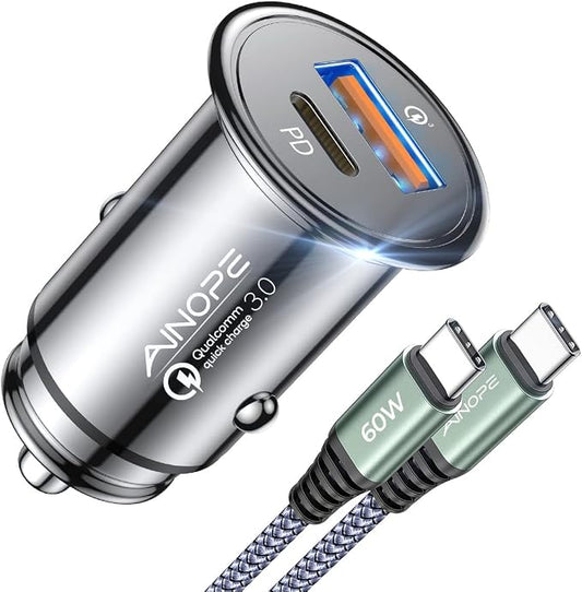 AINOPE 67.5W Car Charger USB C Fast Charge, USB C Car Charger Fast Charging | 【Mini & Metal】 Cigarette Lighter Adapter USB-C Type C Car Charger for iPhone 17 16 15 Pro Max, for Samsung S26 S25