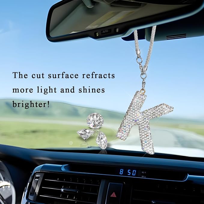 DXNQ Bling Initial Car Rear View Mirror Ornament, Crystal Sparkling Cute Letter Charm Pendant Auto Decor, Hanging Lucky Diamond Initial Charm Car Mirror Bag Ornament for Girl Women (Letter K)