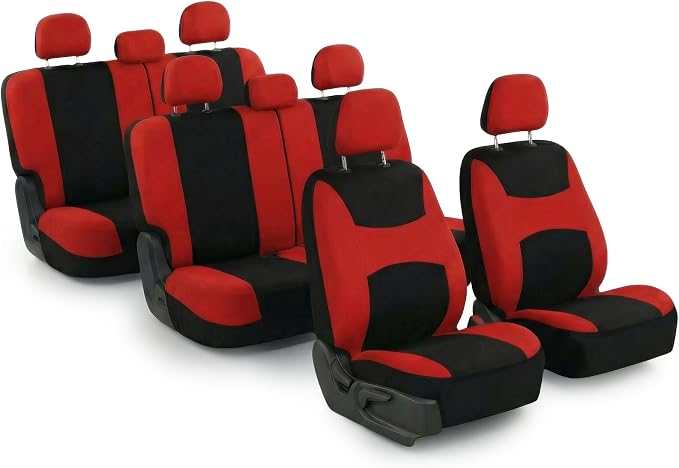 FH Group Universal Automotive Seat Covers 8 Seater Set | Light & Breezy Flat Cloth Washable Car Seat Cover for SUV, Sedan, Truck | Airbag Compatible Interior Upgrade - Red/Black