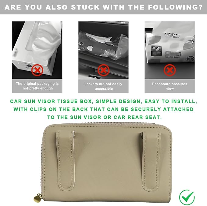 Car Tissue Holder, Sun Visor Napkin Box Premium PU Leather Tissue Case with Zipper, Rectangular Hanging Paper Organizer Mask Dispenser for Sedans SUVs Trucks, Car Accessories (Beige)