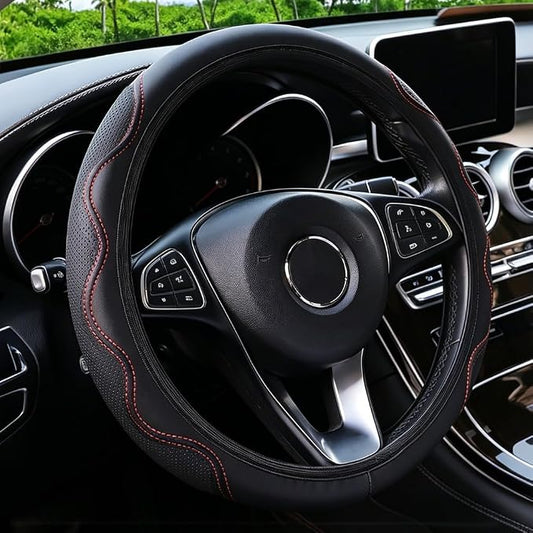 Elastic Steering Wheel Cover Black and Red Universal 14-15 inch | Leather Car Steering Wheel Covers Stretch Microfiber Breathable Anti-Slip Car Accessories Fit for Suvs, Vans, Trucks