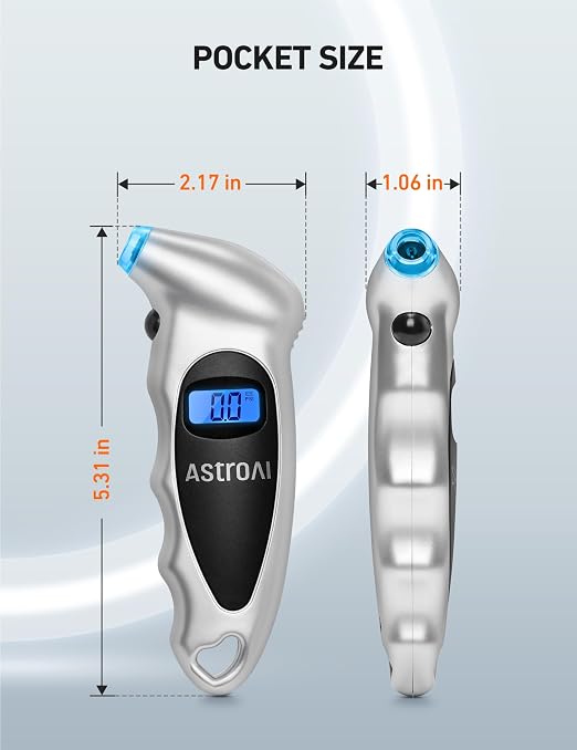 AstroAI Digital Tire Pressure Gauge 0-150PSI Calibrated to ANSI B40.7 +/-1PSI, Accurate in 0.1 Increments, 4 Pressure Measurements for Car Truck Bicycle with Backlight LCD, Silver