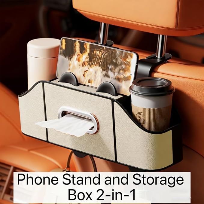 2 Pack 4-in-1 Car Backseat Organizer, PU Leather Headrest Storage Box with Tissue Holder, Dual Cup Holders, Phone Stand & Hooks, Universal Fit for Most Cars, Road Trip Essentials (Beige)