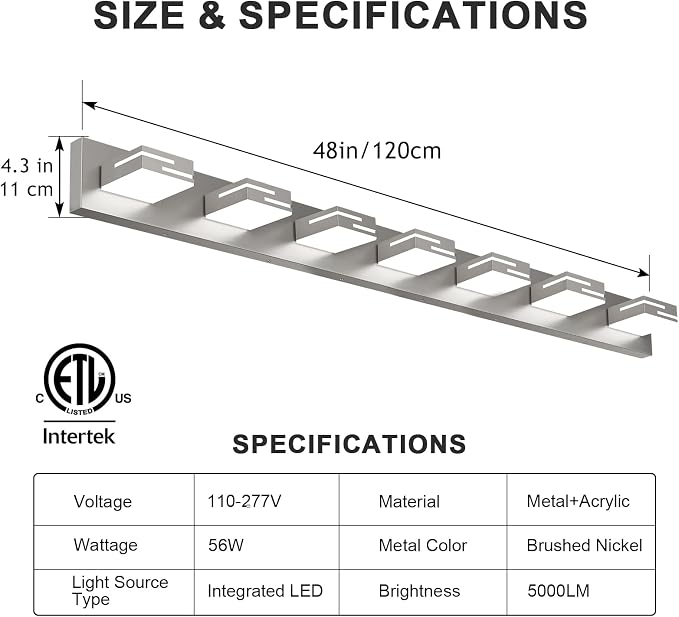LED Modern Bathroom Vanity Light Fixtures, Dimmable Brushed Nickel Vanity Lights for Bathroom Lighting Fixtures Over Mirror, with 360° Rotatable Acrylic Heads 7-Light 48-inch (Cool White 6000K)