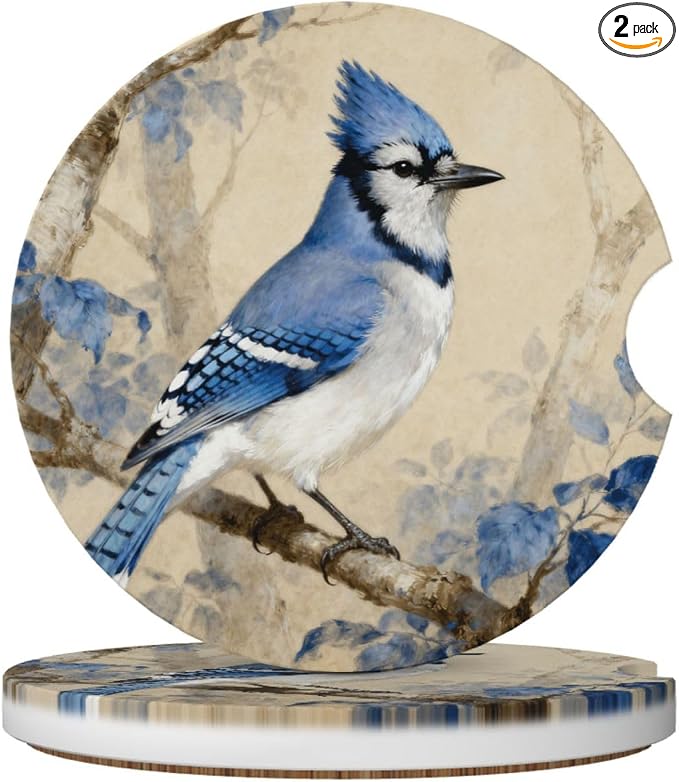 Blue Bird Tree 2 Pack Car Cup Holder Coasters Absorbent Ceramic Drink Coasters 2.56" Universal Anti Slip Cup Mat with Cork Base and Finger Notch Auto Accessories Interior for Women Men