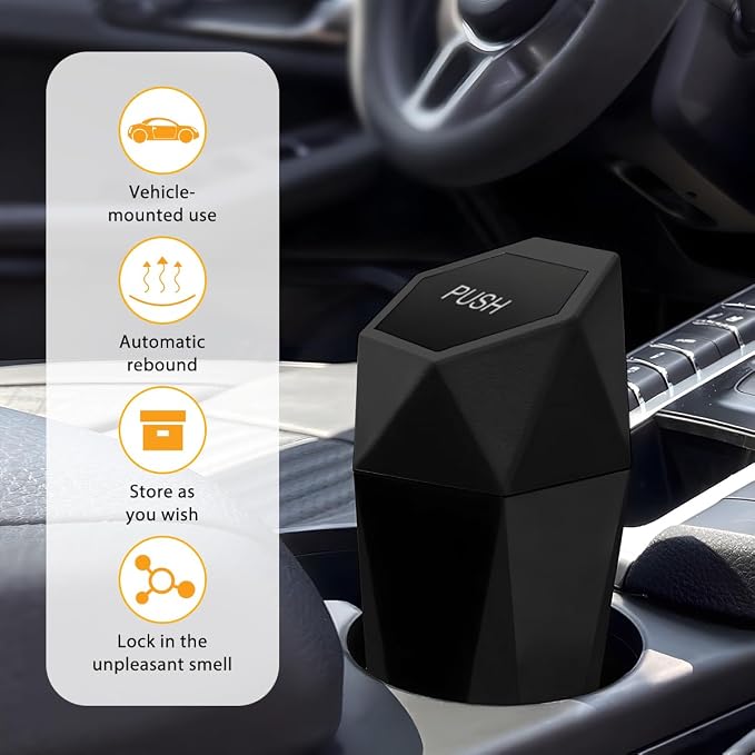 Car Trash Can with Lid, Mini Leakproof Fragrance Vehicle Cup Holder Garbage Bin for Console Door, Small Portable Auto Interior Dustbin Organizer Accessories, Universal Fit (Black)