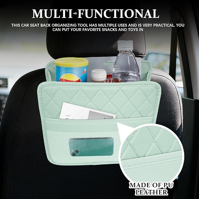 Car Seat Back Organizer, Car Organizers and Storage, PU Leather Vehicle Backseat Hanging Storage Pocket, Multipurpose Auto Organizer Hanging Universal for Most Vehicles (Green)