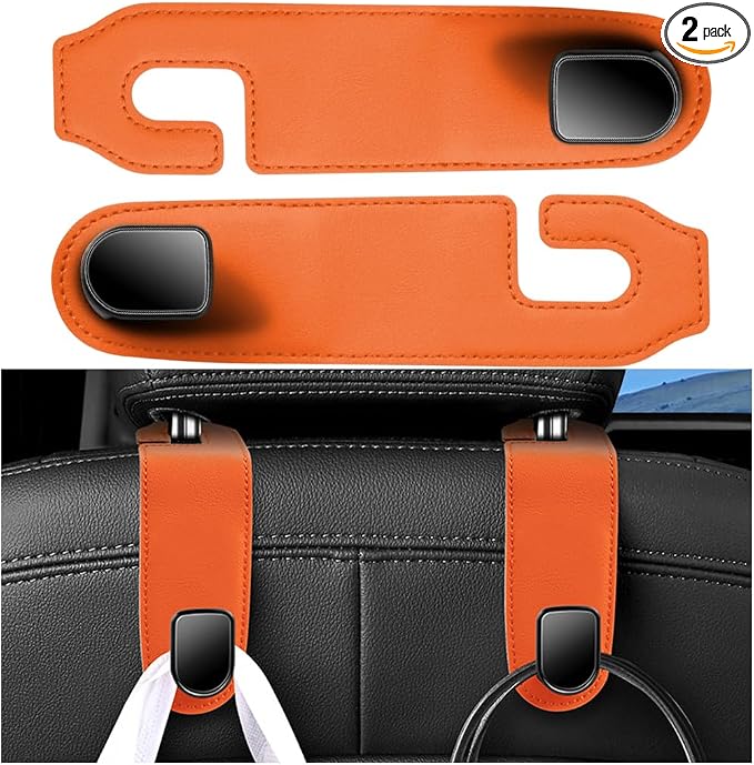Car Seat Headrest Hook, 2PCS Vehicle Seat Back Hangers Organizer for Handbag Purse Coat, Automotive Interior Headrest Storage Hooks, Universal for SUV Automobile Truck (Orange)