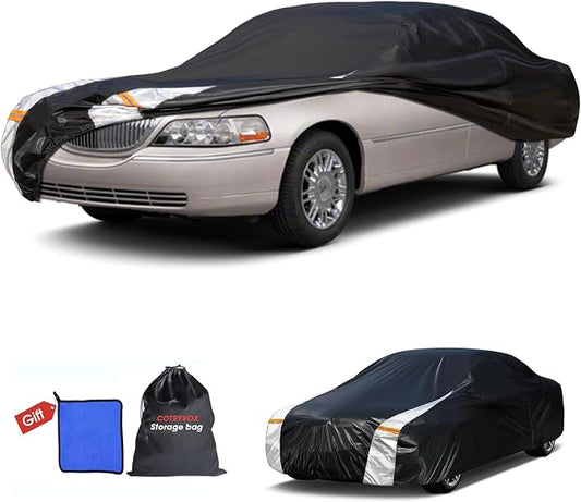 Multi-Layer Car Cover Custom Fit for Lincoln Town(1998-2011), 100% Waterproof All Weather for Automobiles, Gift with Towel, Heavy Duty Car Covers for Rain Sun UV Protection with Door Zipper.