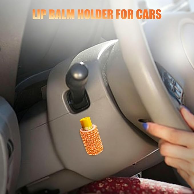 Upright Car Chapstick Holder, Bling Insulating Lip Balm Holder,Rhinestone Car Accessories for Women Interior ,Suitable for Most Vehicles. (Orange)