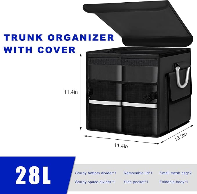 Car Trunk Organizer with Lid, 28L Collapsible Oxford Auto Storage Organizer with Reflective Strip & Handle, Multi-Purpose 2-Compartment Cargo Container for Cars SUVs Trucks (Black)