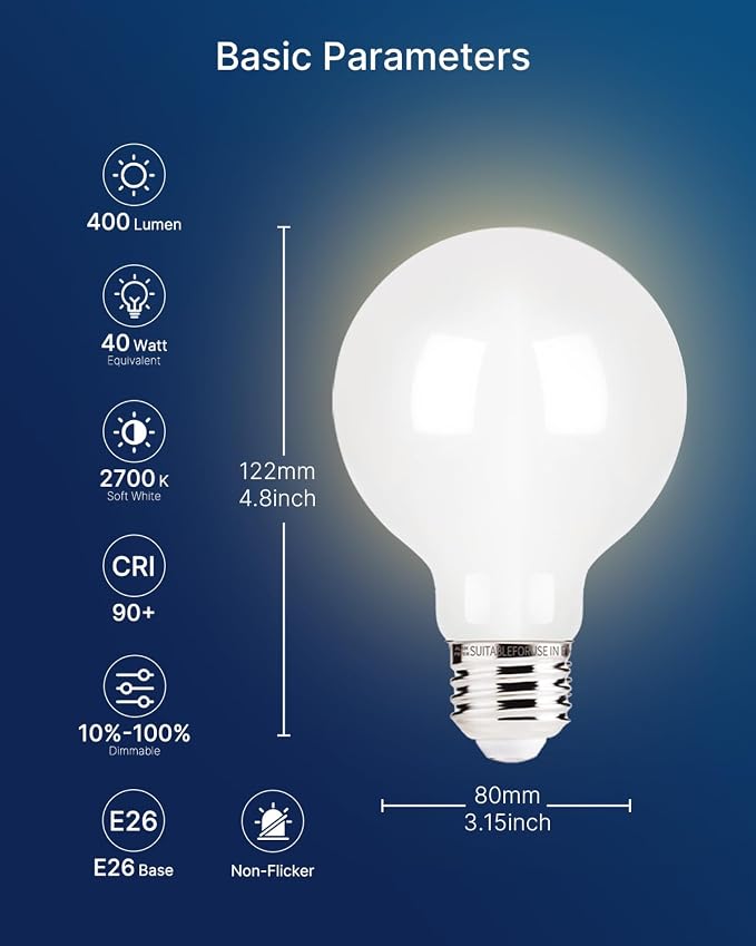 FLSNT G25 LED Globe Bulb, 40W Equivalent 400 Lumens, White Glass 2700K Soft White, Dimmable, E26 Base, CRI90+, for Bathroom Vanity & Mirror Lighting, UL Listed, 6 Pack