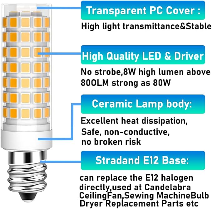 2-Pack E12 LED Bulb kx 2000 led Replacement Brother Sewing Machine Bulb Appliance Dryer Drum Water Dispenser Replacement Parts 120V Candelabra Bulb E12 Edison Screw Base 8W-Warm White 3000K