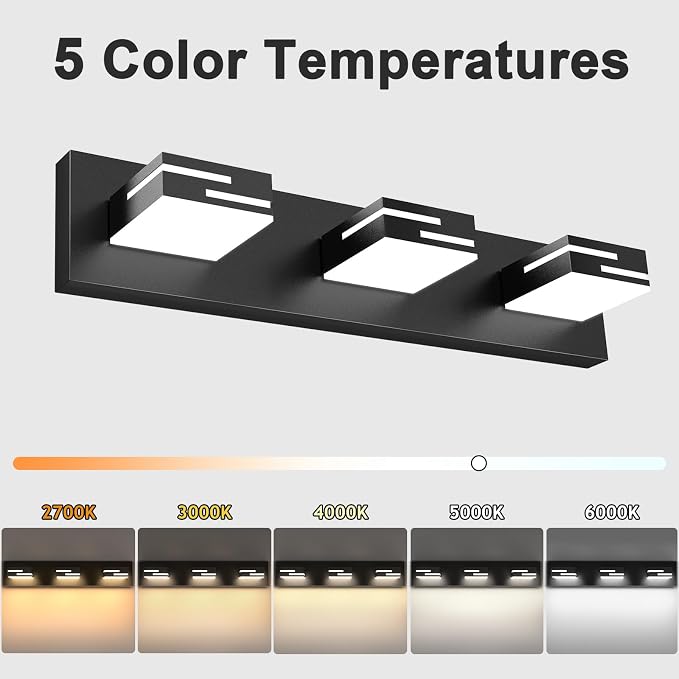 LED Modern Bathroom Vanity Light Fixtures, Dimmable Matte Black Vanity Lights for Bathroom Lighting Fixtures Over Mirror, with 360° Rotatable Acrylic Heads 3-Light 22-inch 5CCT