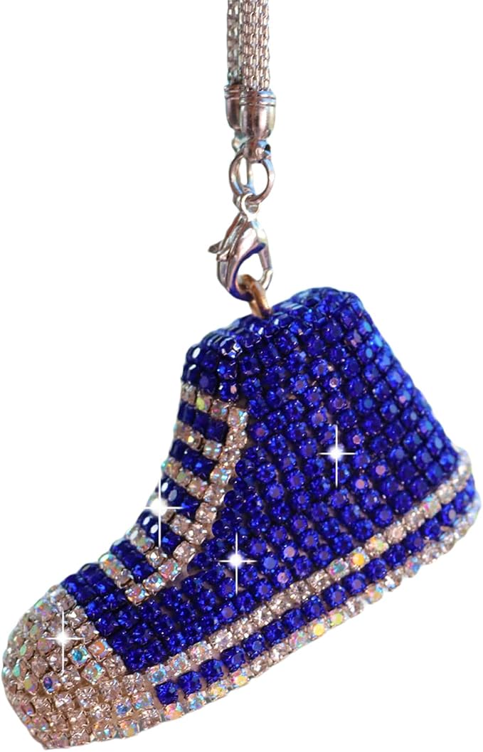 Bling Sneaker Shoe Sparkly Car Hanging Ornament, Cute Crystal Rear View Mirror Pendant, Diamond Rearview Mirror Charms, Lucky Car Interior Decor Accessories (Blue)