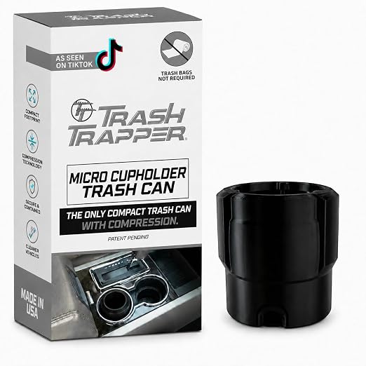 Trash Trapper Car Trash Can Cup Holder | Micro Car Trash Can | Fits Flush in Most Cupholders | 3.5" x 3.5" | Traps More & Empties Less, Patent-Pending Compaction, Holds Small Garbage, Black/Black