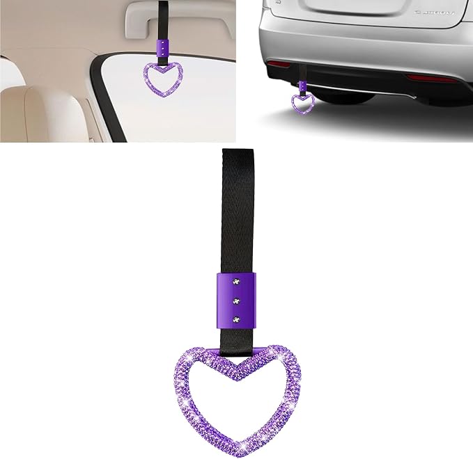 NBTEPEM Bling Heart Handle Ring Bling Car Accessories for Women Handle Strap Drift Charm Rear Bumper Warning Ring Decor Tsurikawa Heart for Car Interior Exterior Decoration (Purple, Heart Style)