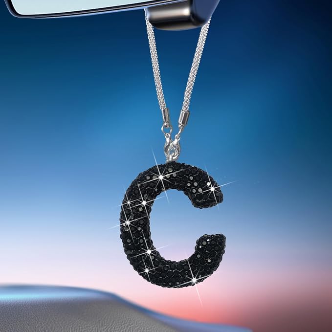 Letter C Bling Black Car Accessories Interior for Women, Interior Charm Rear View Mirror Cute Crystal Pendant Car Decorations for Men, Lucky Gifts Diamond Rhinestone