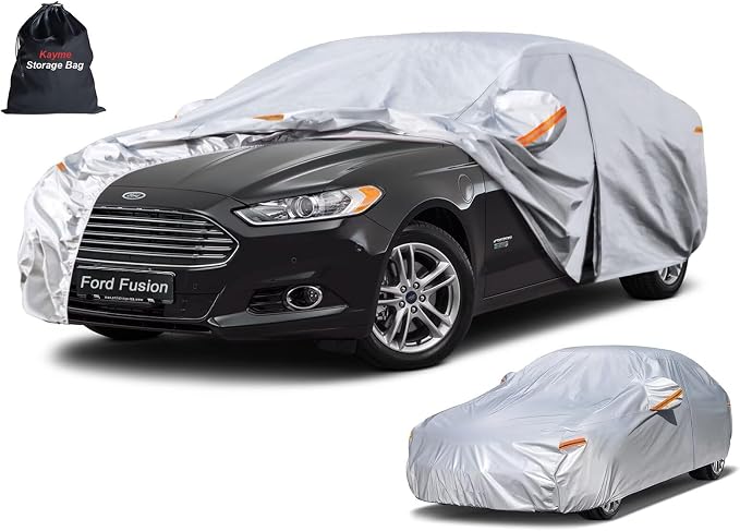Kayme 6 Layers Sedan Car Cover Custom Fit for Ford Fusion (2005-2025), Waterproof All Weather for Automobiles,Rain Sun UV Protection.Silver