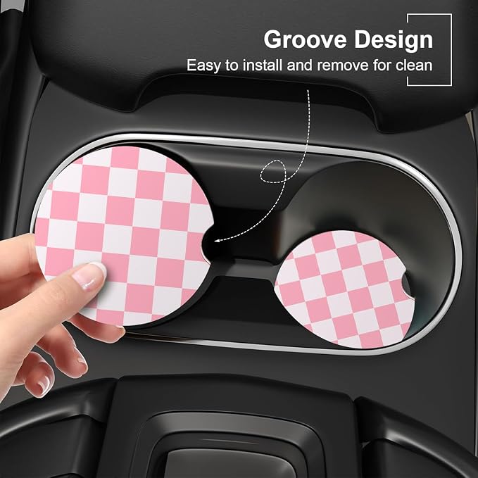 Ceramic Car Coasters – Absorbent Car Cup Holder Coaster Set for Women, Cute Aesthetic Car Accessories for Girls, 2 Pack (Pink)