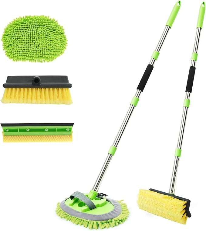 2 Pack 62" Car Wash Brush with Long Handle, Chenille Microfiber Car Wash Mop Mitt, Scratch-Free Soft Bristles Brush , Windshield Window Squeegee, Car Cleaning Kit Supplies for Car,Truck,SUV,RV,Boat