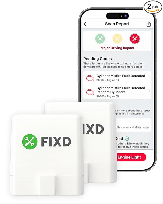 FIXD Bluetooth OBD2 Scanner - Car Diagnostic Check Engine Code Reader | Value 2-Pack | iPhone/Android compatible | Automotive scan tool for repairs + buying | Enhanced manufacturer data