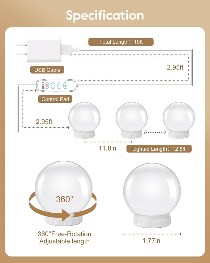 Brightown 14 Bulb Dimmable Hollywood Makeup Mirror Lights, 22Ft Adjustable Vanity Lighting Fixtures for Full Length Mirror (Mirror Not Included)