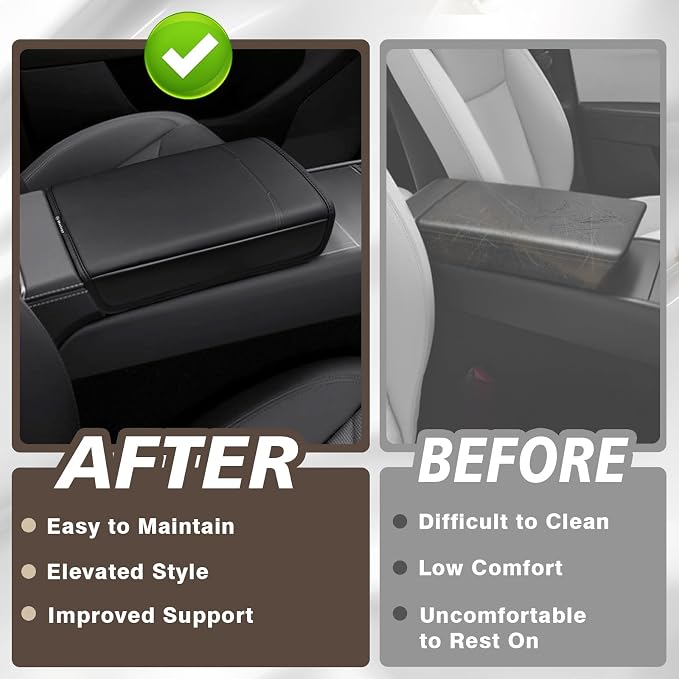 Muslogy Center Console Armrest Cover Fit for Tesla Model Y Juniper 2026 Accessories, Comfort Armrest Pad Console Lid Cushion Vegan Leather Regular Thick (Debossing Black)