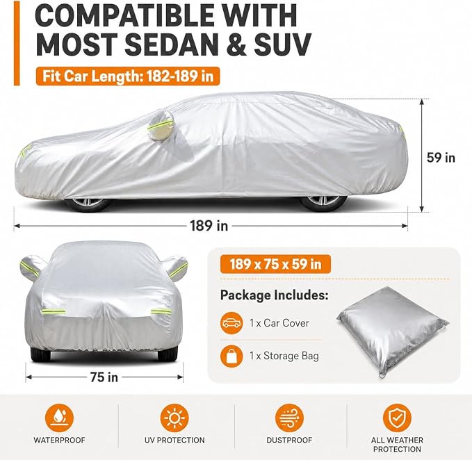 GXARTS Heavy Duty Car Cover 189"×75"×59" Waterproof All-Weather Sedan Cover with Zipper Door+Windproof Straps，UV Snowproof Dustproof Fit for Toyota Corolla Honda Civic VW Jetta Kia Forte Elantra+More