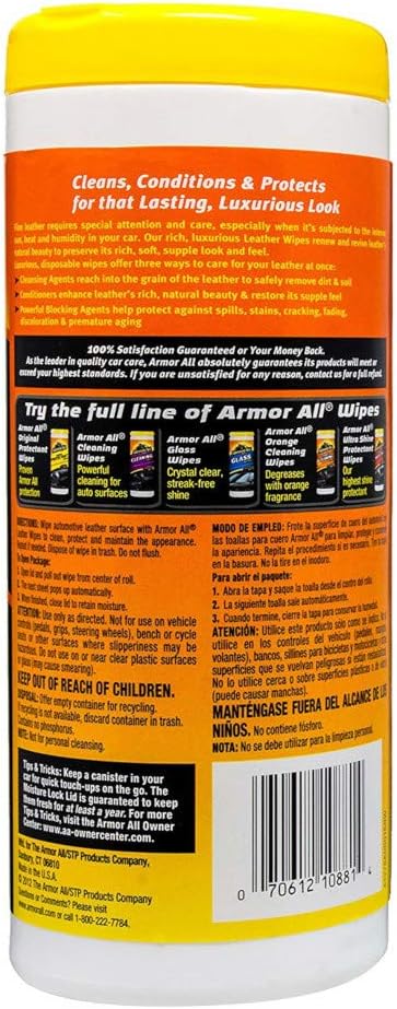 Armor All Leather Car Cleaner Wipes,Canister,Leather Treatment and Car Care,20 Count (Pack of 6)