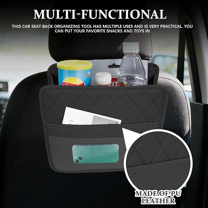 Car Seat Back Organizer, Car Organizers and Storage, PU Leather Vehicle Backseat Hanging Storage Pocket, Multipurpose Auto Organizer Hanging Universal for Most Vehicles (Black)