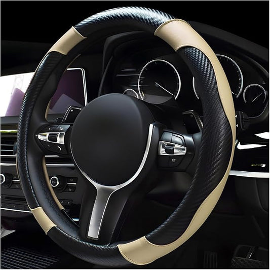 povtii Car Steering Wheel Cover, 15 Inch Leather Breathable Auto Steering Wheel Protector, Comfortable Non-Slip Vehicle Steering Wheel Covers, Universal Car Accessories (Beige, with Lining)