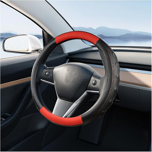 Car Steering Wheel Cover, Breathable Carbon Fiber Vehicle Steering Wheel Protector with Anti-Slip Lining, Automotive Interior Accessories, Universal for SUV RV Truck (Black Red)