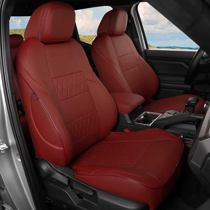 EKR Tacoma Seat Covers Custom Fit for Toyota Tacoma (Only for Hybrid) 2024 2025 2026 Double cab TRD Sport/TRD Off-Road/Limited/Trailhunter -Truck Seat Covers Full Set,Faux Leather(Burgundy)