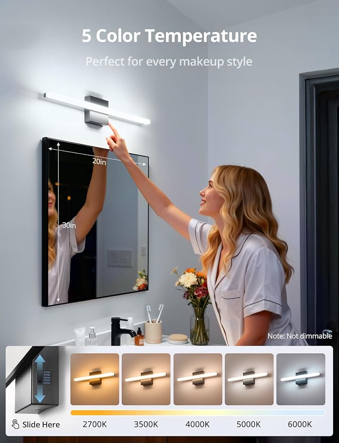 Combuh 2 Pack 24Inch Long Vanity Light for Bathroom 5 Color Adjustable Modern, Bright 14W 1250LM Black Bath Bar Lighting Fixtures Over Mirror IP44 Rustproof Minimalist Led Wall Sconce for Powder Room