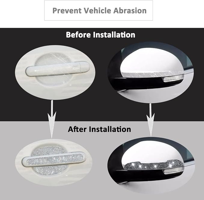 10PCS Bling Car Door Handle Reflective Trim Decals Stickers,Universal Rhinestone Door Side Rear View Mirror Scratch Resistant Protector Cover Car Accessories White