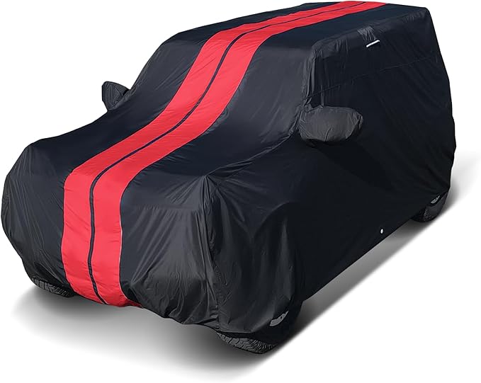 iCarCover Premium Plus SUV Car Cover Waterproof All Weather Rain Snow UV Protection, Excursion, Navigator L, Escalade ESV, Suburban, Excursion, Yukon XL, Size S58 (See Size Chart) Stripe - Black/Red