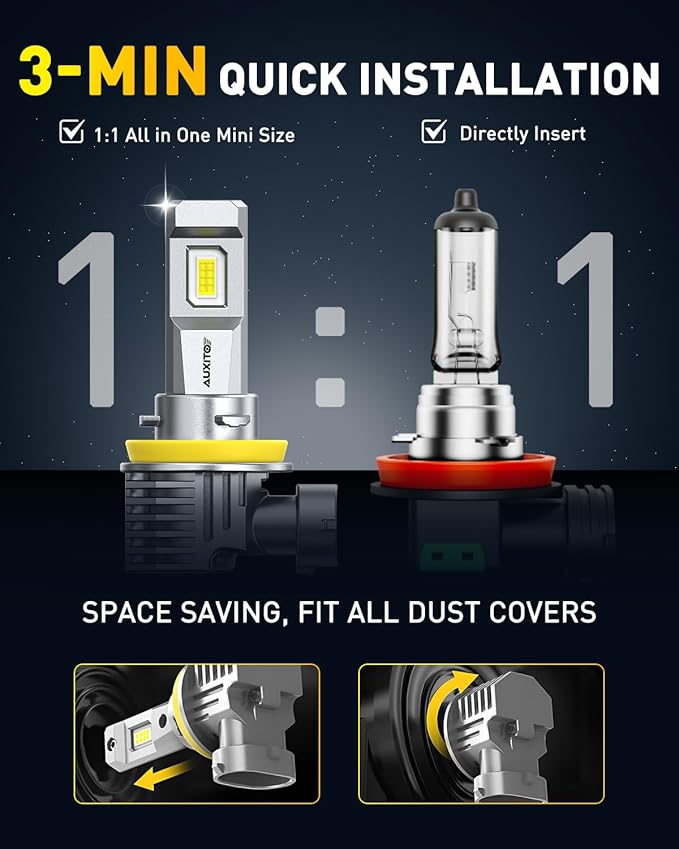 AUXITO H11 H16 H8 LED Fog Light Bulbs 6500K White 1200% Brightness 40,000LM Mini Size H11 LED Fog Lights or DRL Upgrade, Non-polarity, Play and Plug (Pack of 2)