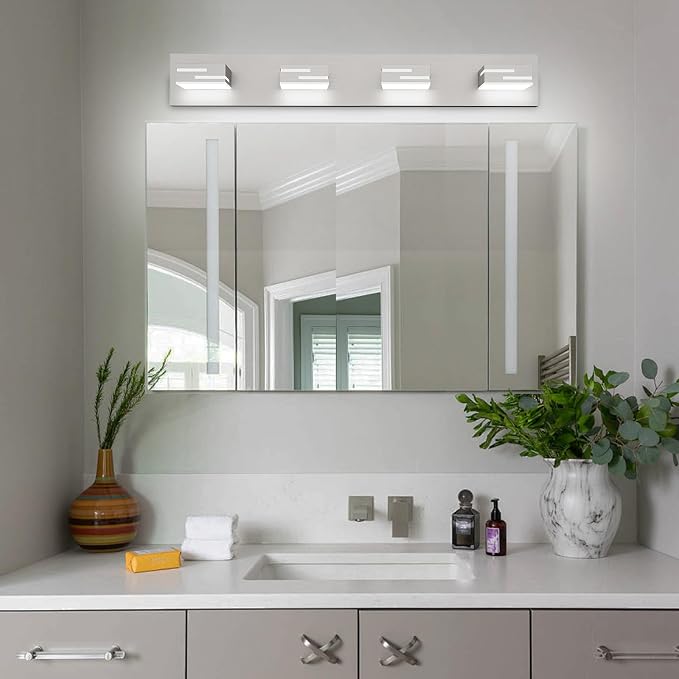 LED Modern Bathroom Vanity Light Fixtures, Dimmable Brushed Nickel Vanity Lights for Bathroom Lighting Fixtures Over Mirror, with 360° Rotatable Acrylic Heads 4-Light 30-inch (Cool White 6000K)
