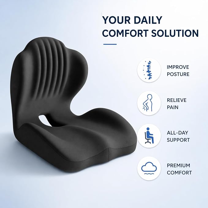 Pain Relief Ergonomic Seat Cushion with Lumbar Support, Memory Foam, L-Shaped, for Office Chair, Car Seat, Gaming Chair (Black)