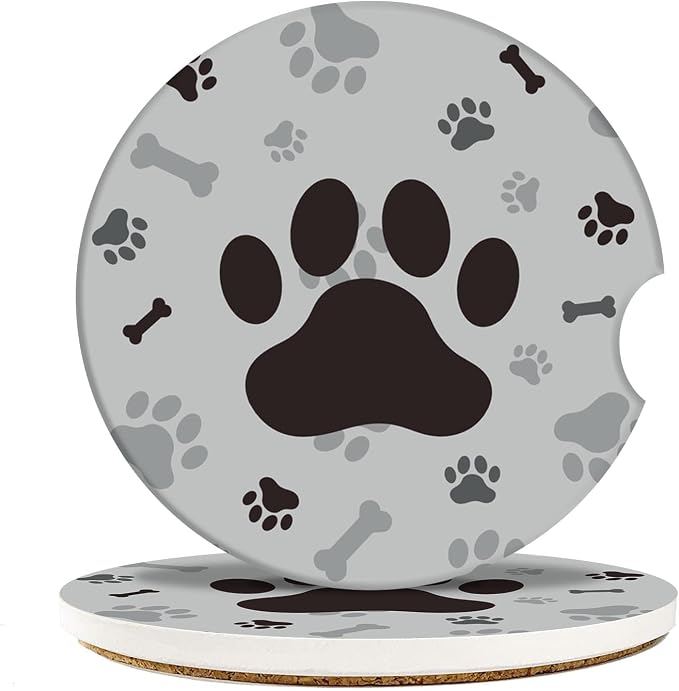 Britimes Absorbent Car Coasters 2 Pack for Cup Holders, 2.56" Ceramic Stone & Non-Scratch Cork Base Drink Coasters Dog Footprints