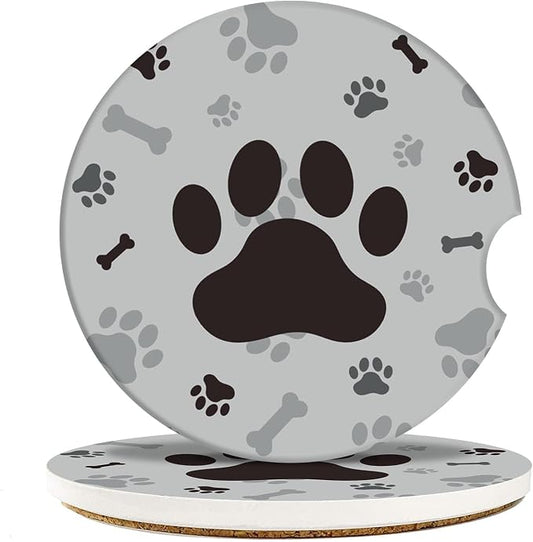 Britimes Absorbent Car Coasters 2 Pack for Cup Holders, 2.56" Ceramic Stone & Non-Scratch Cork Base Drink Coasters Dog Footprints