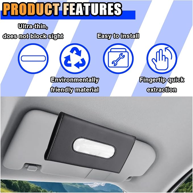 2PCS Leather Sun Visor Tissue Holder, Napkin Dispenser, Mask Holder with Refill - Universal Car Accessory (Black)