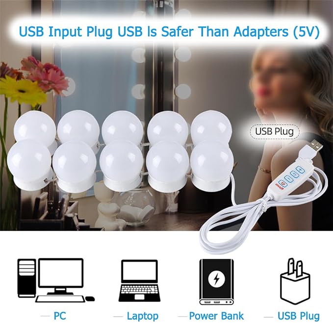 USB Powered Vanity Mirror Lights 10 Dimmable LED Bulbs 3 Color Changing Brightness Adjustable Makeup Lighting Strip for Dressing Bathroom Vanity Mirror