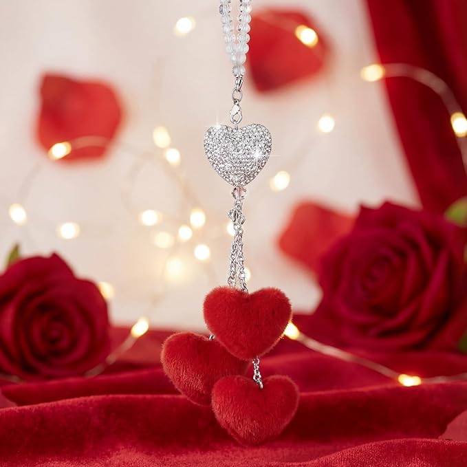 Frienda Red Car Rear View Mirror Accessories for Women Bling Heart Shaped Rhinestone Hanging Charm Sparkly Rear Mirror Ornament Pendant Gift for Girlfriend Wife Female Drivers Car Interior Decoration