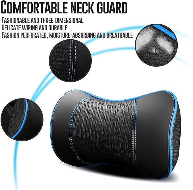 HAOTULE Car Leather Neck Pillows, Neck Rest Cushions,100% Memory Foam Cervical Support, Comfortable Travel car Seats and Home Office Soft Pillows, Blue a Set (2 pcs