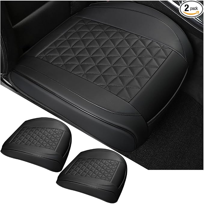 2PCS Leather Car Seat Cover, Vehicle Front Bottom Seat Protector Pad, Full Surrounded Waterproof Auto Seat Protective Cushion with Storage Pocket, Universal for SUV, Truck, Sedan（Black）
