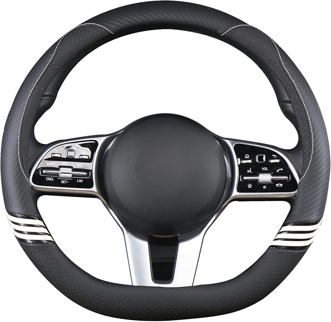 14 inch Cute Leather D Shape Steering Wheel Cover Black | Breathable Faux Leather and Carbon Fiber Flat Bottom Car Accessories for Women Men Small 13.5 inch to 14 inch