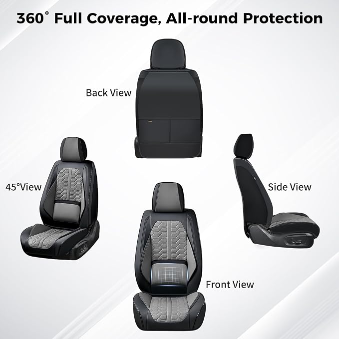 Huidasource Car Seat Covers Front Seat Universal Fit for Most Cars SUV Trucks, 360° Full Wrap Waterproof Leather Seat Cover with Lumbar Support, Cooling＆Heating, Black & Gray