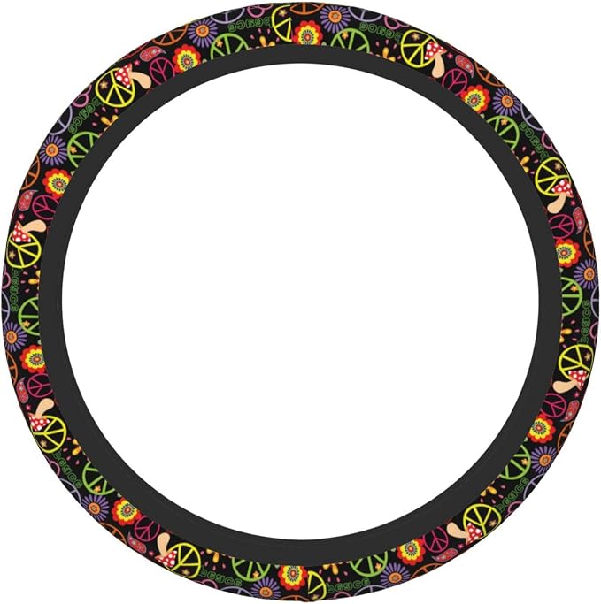 Hippie Peace Floral Mushroom Steering Wheel Cover for Women Men Girls Car Accessories Decor Anti-Slip Neoprene Auto Steering Wheel Covers Protector Universal 15 Inch